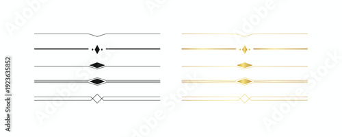 Elegant black and gold ornamental text dividers set with minimalist geometric diamond shapes for luxury wedding invitations and formal branding