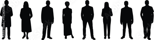 People, silhouettes, diverse, standing, group, men, women, formal, business, lifestyle, individuals, modern, profile, isolated, human, figures, vector, design, flat, illustration