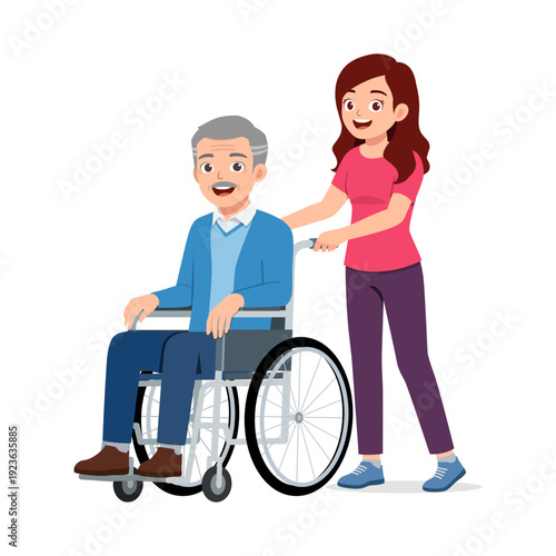 A young woman pushing an elderly man in a wheelchair with both smiling happily illustration