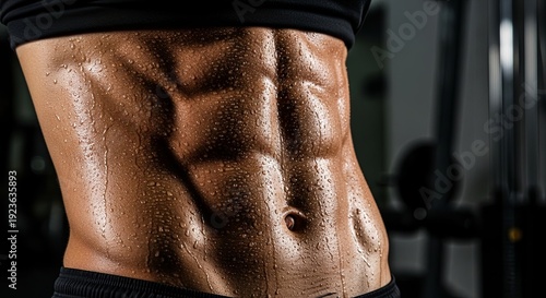 Sculpted Physique: A close-up shot highlighting a toned physique with defined abdominal muscles, radiating with the glow of fitness