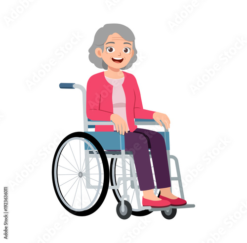 Happy smiling elderly woman sitting in a wheelchair looking cheerful and content isolated on white background