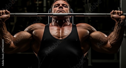 Focused Strength: A muscular individual executes a challenging weightlifting exercise, embodying dedication and physical power in a disciplined workout setting.