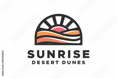 Sunrise over desert dunes is evoked using minimalist linear styling