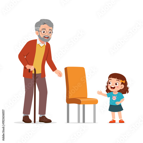Cheerful Elderly Man with Cane and Sweet Little Girl Standing Near Chair in Loving Happy Moment