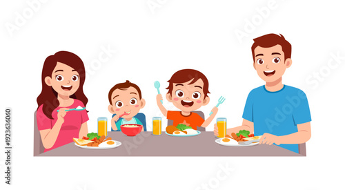 Happy Asian family enjoying a joyful breakfast meal together at the table smiling cheerfully with food and juice
