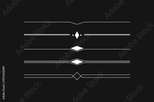 Minimalist white geometric text dividers and line borders set with diamond shapes on a black background