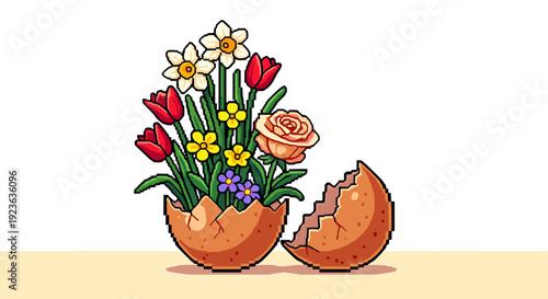 A broken egg shell with a bouquet of colorful flowers including tulips and roses in pixel art style, ideal for spring celebrations and Easter designs