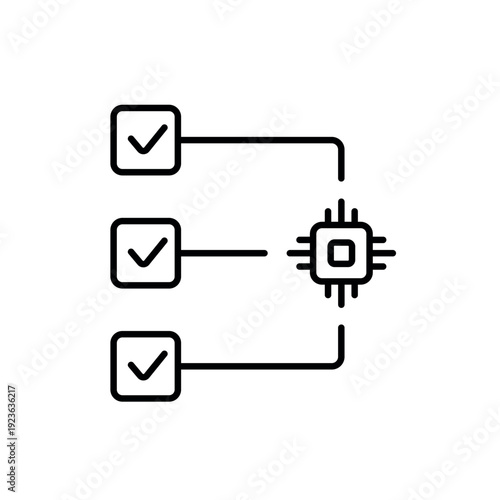 A vector icon representing AI-generated action items from meetings, with a checklist and logic flow, created in line style with editable stroke