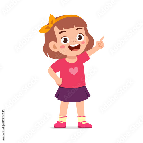 Happy smiling little girl pointing her finger showing something in a cheerful mood cartoon illustration
