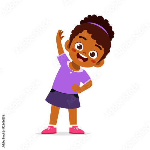 Happy African American girl stretching cheerfully with a big smile and raised arm in a purple shirt