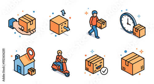 A collection of delivery and shipping icons in flat modern vector style, ideal for logistics and ecommerce applications
