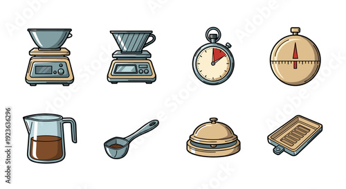 A set of coffee brewing equipment including scales, timers, and measuring tools in flat modern vector style, ideal for cafe branding and culinary design