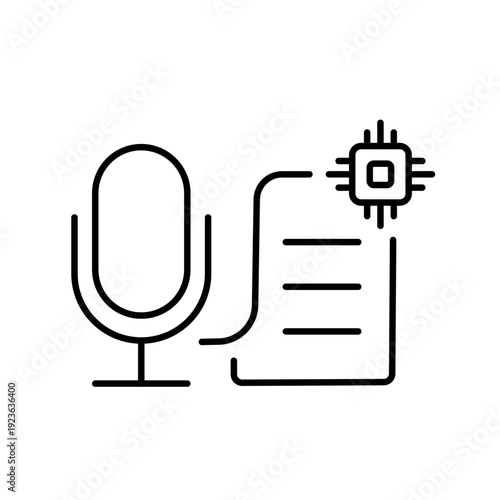 A vector icon showing voice input being transcribed into text notes with AI, created in line style with editable stroke