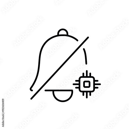 A vector icon of a crossed-out notification bell with AI marker, symbolizing smart focus mode or silenced alerts, created in line style with editable stroke