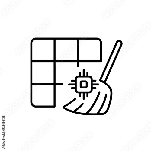 A vector icon showing a spreadsheet and broom with AI marker, symbolizing intelligent data cleanup, created in line style with editable stroke