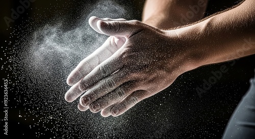 Powdered Hands: A climber's hands coated in chalk prepare for a challenging ascent, dust and grit emphasizing the focus on the task