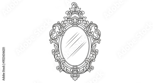 An ornate mirror with intricate designs and reflections viewed from the front in a classic interior setting illustration