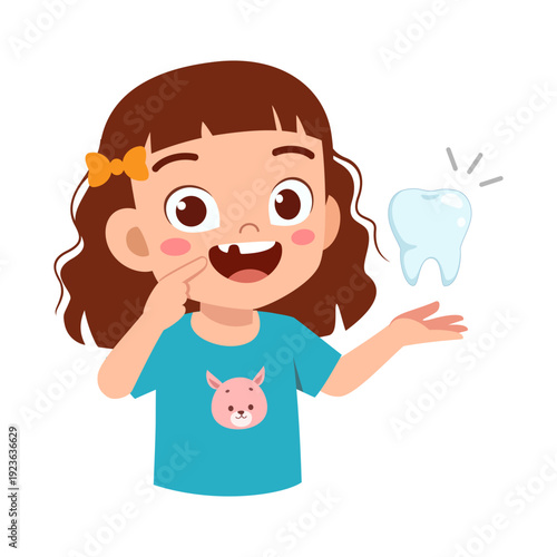 Wallpaper Mural Happy little Asian girl smiling showing a missing front tooth pointing to her mouth with a shiny healthy white tooth Torontodigital.ca