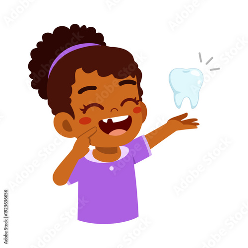 Wallpaper Mural Smiling African American girl happy showing her missing front teeth and holding up a glowing tooth Torontodigital.ca