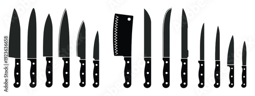 Black Knives Set with Different Types of Stainless Steel Sharp Blades, Monochrome Kitchen Cutlery Silhouettes, Flat Vector Collection of Cooking Equipment Illustration