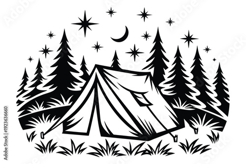 Tent stands amidst towering trees under crescent moon and starry night, all in monochrome