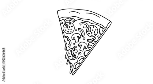 A detailed illustration of a pizza slice with various toppings from a close-up viewpoint