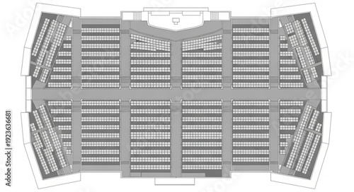 Architectural blueprint of a large auditorium with seating arrangements and stage design.
