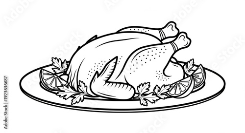 A delicious roasted turkey centered on a plate with decorative leaves and citrus, illustrated from a high angle.