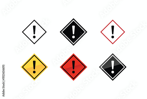 Set of exclamation mark warning icons in various geometric shapes like triangle, circle, and square with flat and glossy styles