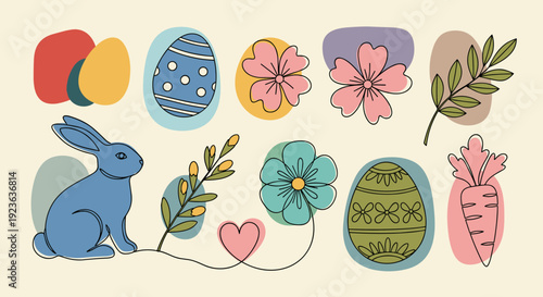 A cute blue rabbit surrounded by colorful Easter eggs, flowers, and carrots in flat modern vector style, ideal for spring-themed designs
