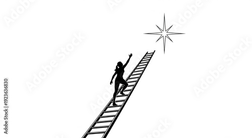 A person climbs a ladder reaching for a star in a simple black and white illustration