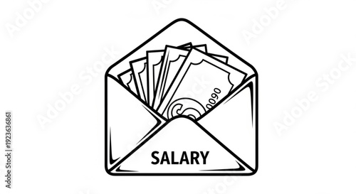 Envelope with salary payment cash and bills inside viewed from front