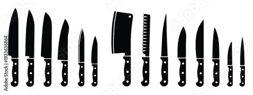Black Knives Set with Different Types of Stainless Steel Sharp Blades, Monochrome Kitchen Cutlery Silhouettes, Flat Vector Collection of Cooking Equipment Illustration
