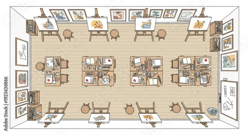 Art studio interior with easels, paintings, and drawing tables, top view.