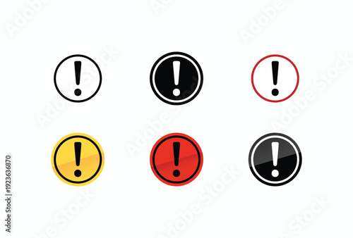Vector set of exclamation mark warning signs in various geometric shapes with flat, outline, and glossy 3D styles