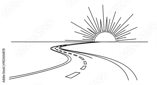 A winding road stretches towards the sunrise on the horizon, an illustration of freedom and adventure