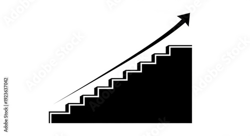 Ascending staircase with a black arrow pointing upwards, symbolizing progress and growth in a simple illustration