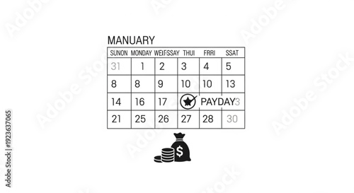 A calendar page for January highlighting payday with a stack of money beside it viewed from directly above
