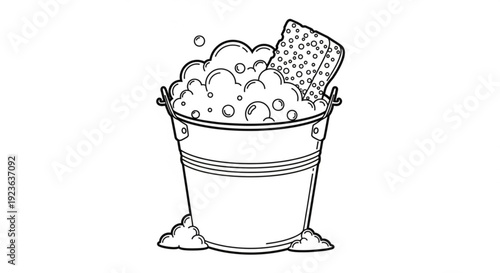 A bucket filled with soap bubbles and a sponge on a flat surface viewed from the side