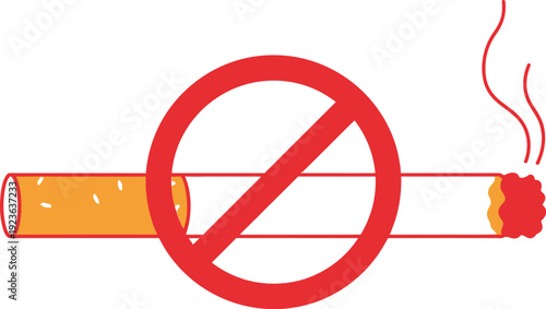 Simple cartoon illustration clearly depicting a smoking cigarette crossed out with a universal prohibition sign against a white background