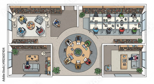 Top-down view of a modern office space with various workstations and seating areas.