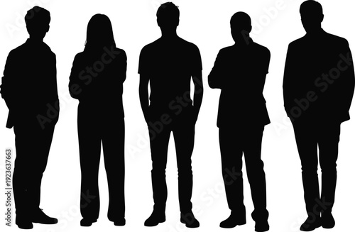 People silhouette group standing together diversity teamwork community confidence isolated black illustration white background