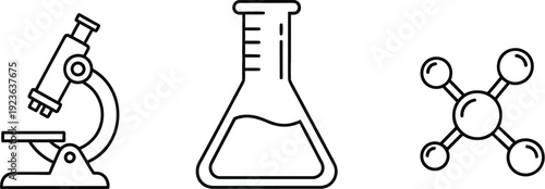Collection of minimal outline science icons representing key laboratory equipment including a microscope a flask and a molecular structure diagram