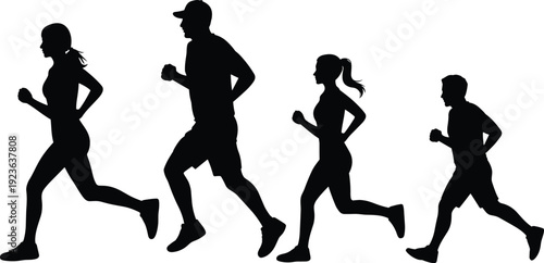 Running people silhouette fitness jogging marathon exercise sport active lifestyle isolated black illustration