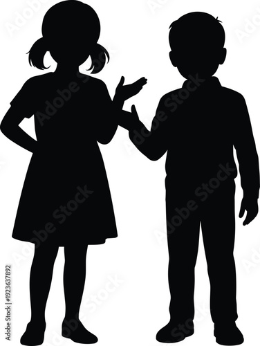 Silhouette of Little Girl and Boy Talking Childhood Interaction and Friendship Concept