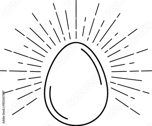 Simple black and white minimalist icon design featuring a radiant hatching egg shape surrounded by abstract sunburst lines symbolizing dawn or great ideas.