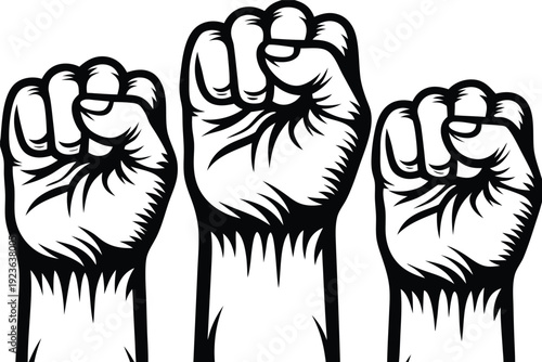 Three raised fists symbolize solidarity, strength, and collective protest in bold black and white