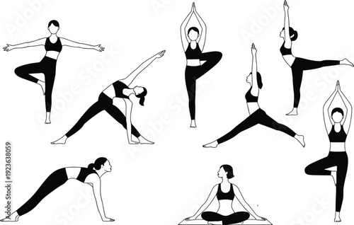 Yoga pose set woman fitness exercise stretching balance meditation wellness illustration isolated white background