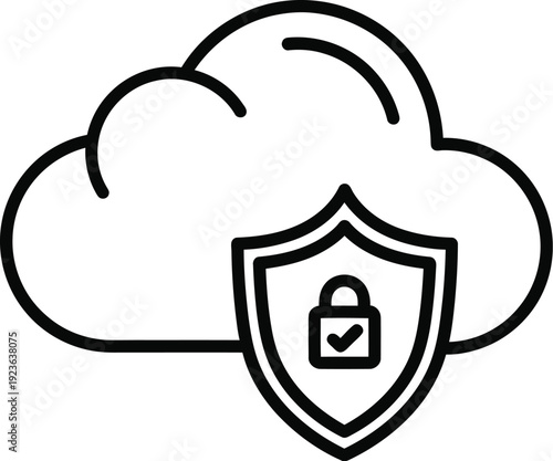 This black and white line art icon effectively depicts a cloud symbol with a prominent security shield and padlock, representing comprehensive data protection and secure cloud computing services.
