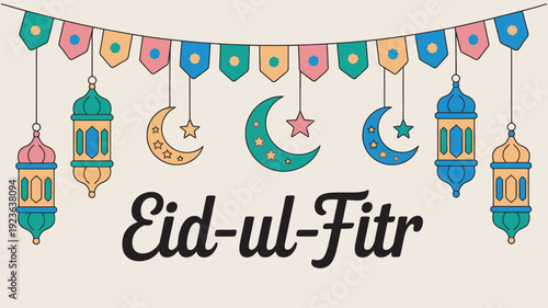 A festive "Eid-ul Fitr" banner featuring colorful lanterns, crescent moons, stars, and decorative flags strung across the top on a light beige background.